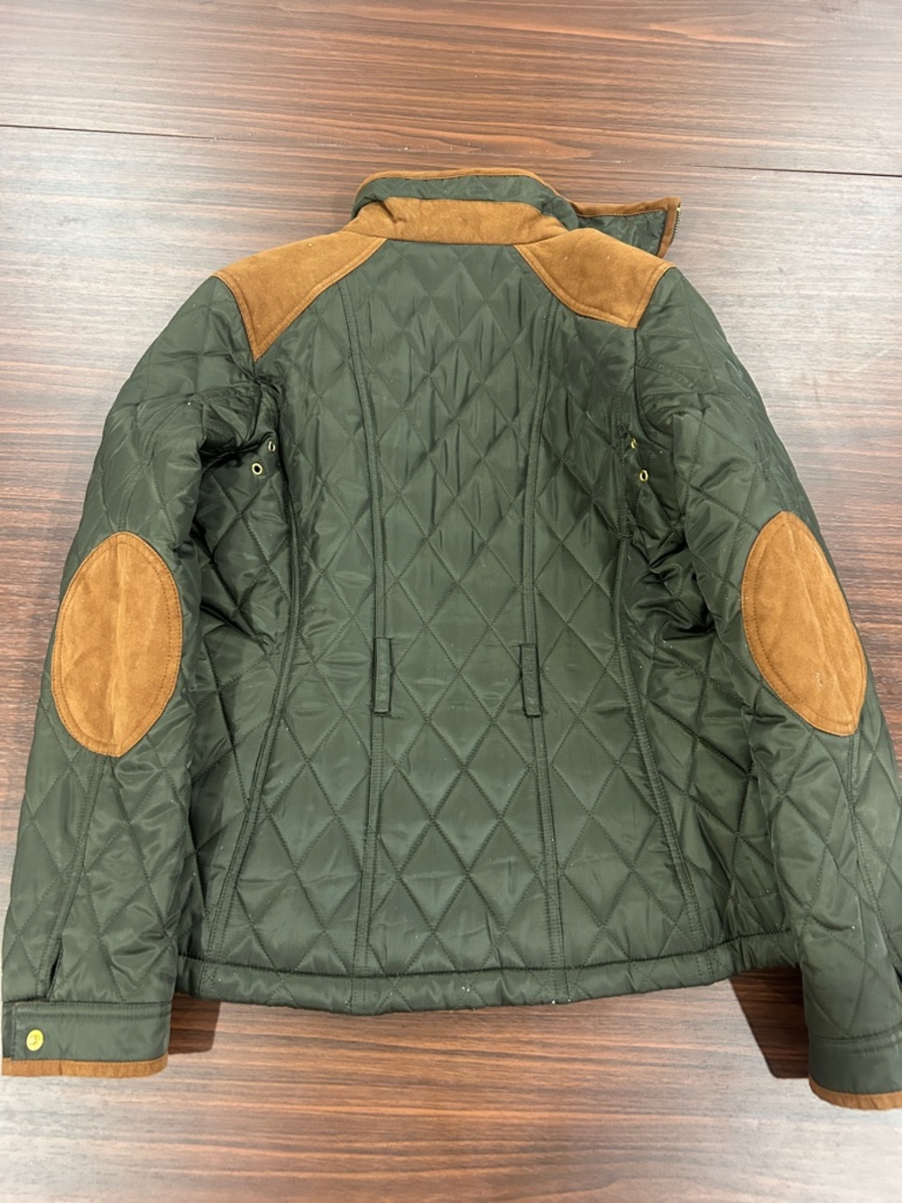 Vince Camuto Quilted Green Jacket with Brown Suede Trim Elbow Patches - Picture 2 of 3